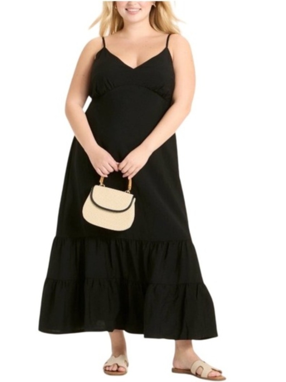Plus-Size Black Tiered Maxi Dress with Spaghetti Straps 2X